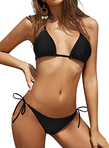 SHEKINI Womens Bikini Set Triangle Halter Lace-up Swimsuit Sexy Bathing Suits Low Waisted Tie Side Bottom Two Piece Swimwear, Black, XX-Small