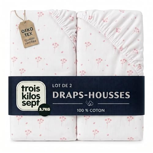 Trois Kilos Sept - Lot de 2 Draps Housses Berceau - Doux et Respirant - Bord Élastiqué - Certifié Oeko-TEX® Standard 100-100% Coton - 50x83 cm - Motif Fleurs Roses, Berceau bébé