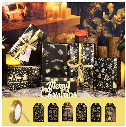 Geschenkpapier Weihnachten, Recyceltes Kraft Geschenkpapier große Blätter mit Band, Weihnachtskarte Anhängern, Weihnachtsgeschenkpapier geschenkpapier Grün weihnachten (schwarz und gold)