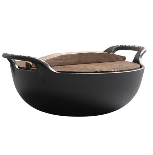 Yhenlovtt Unbeschichteter Brat-Wok mit Doppelgriff und Gasdeckel, elektrisch, flacher Boden, nicht gegossene Pfanne für Induktion, Holz und 20 cm Herde (B)