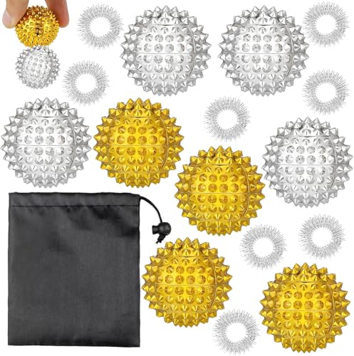 8 Stück Magnetischer Massageball - Akupressurball, Handakupunktur Massagebälle, Magnetische Akupunktur Yoga Bälle 32mm und 8 Silber Massageringe für Finger, Stress Relief für Rücken Beine Hände fuß