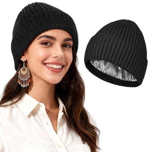 TSKNOMO Satinhausgefütterte Mütze für Damen & Herren – Weiche, Locker Gestrickte Wintermütze, Warme Wollmütze mit Umschlag, Unisex Beanie
