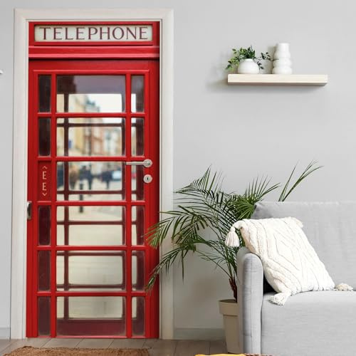 Türtapete selbstklebend blasenfrei | 200 x 90 cm Rote englische Telefonzelle | Tür Aufkleber Türfolie | Einteilig | Wasserfest 3D Türaufkleber Klebefolie Türposter Möbelfolie