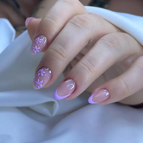 Purple Flower French Press on Nails Almond Fake Nails Purple Daisy False Nails with Gold Glitter Design Glossy Reusable Stick on Nails for Women Girls 30pcs Manicure Decorations