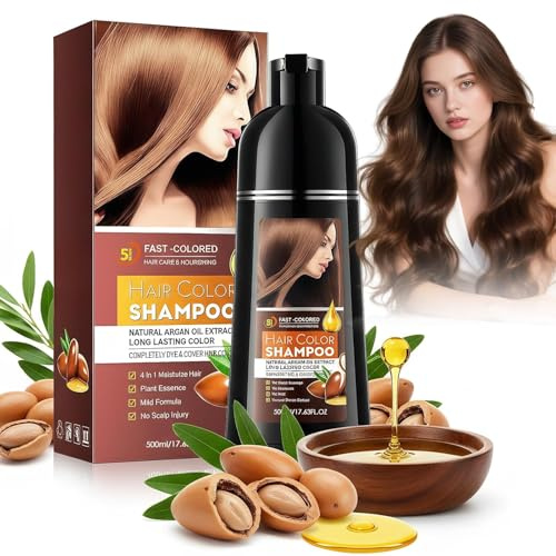 Champú Tinte Castaño Claro 4 en 1 para Hombre y Mujer,Cubre Canas Mujer,Cobertura de Canas Natural e Instantánea,Coloración Duradera y Suave para Todo Tipo de Cabello, Fácil de Usar en Casa, 500ML