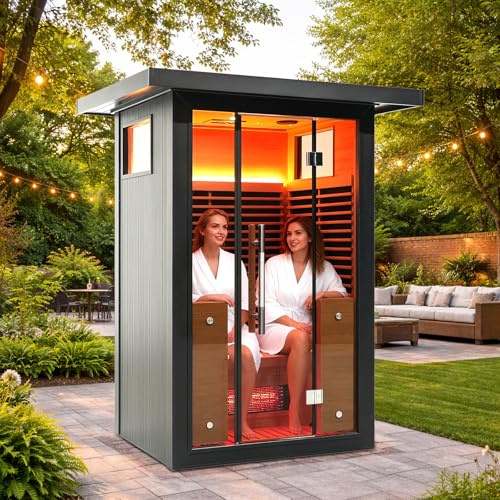 Outdoor Infrared Sauna, 1-2 Person Home Sauna SPA, Canadian Hemlock Dry Sauna, 7 Heating Panels, WiFi Control, 7 Colored Lights, Bluetooth Speaker, for Backyards, Gardens, Home Gyms(220V)