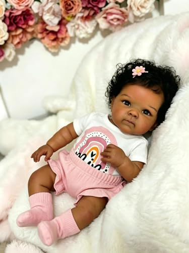 Anano Reborn Baby Vollsilikon Lebensecht 18 Zoll Puppe Wie Echtes Baby,Puppe Mit Dunkler Hautfarbe Puppe Mit Haaren,Vollständig Waschbar Man Kann Damit Posieren Inklusive Zubehör