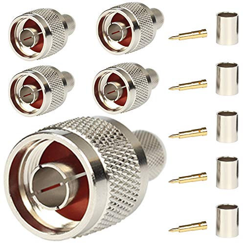 5 connettori di tipo N maschio sfilettato su spina coassiale, connettore per LMR400 RG8 Belden 9913, 50 Ohm, a bassa perdita RF, cavo coassiale.