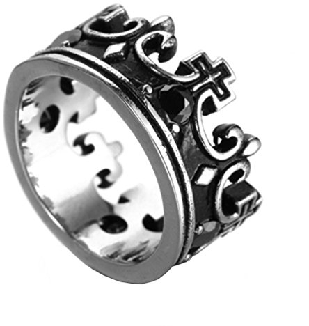 HIJONES Herren Edelstahl Retro Stilvolle Krone Geformte Schwarz Gemstone Intarsien Ring Silber Größe 60