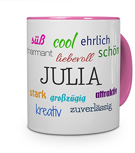 printplanet Tasse mit Namen Julia - Positive Eigenschaften von Julia - Namenstasse, Kaffeebecher, Mug, Becher, Kaffeetasse - Farbe Rosa