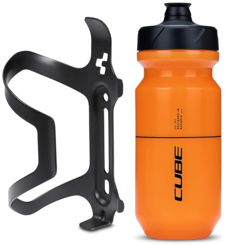 Cube HPA Anodised Side Loading Cage - Black & Flow Bottle - Orange, 500ml / Alloy Lightweight Bicycle Cycling Cycle Bike MTB Mountain Road Water Drink Flask Bidon Bracket Mount Holder HPP Accessories