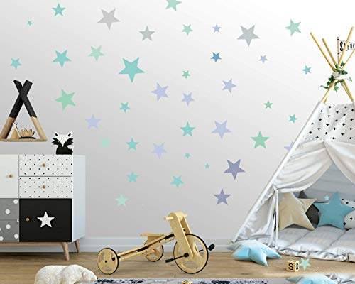 ELES VIDA - 75 Sterne Wandtattoo fürs Kinderzimmer - Wandsticker Set - Pastell Farben, Baby Sternenhimmel zum Kleben Wandaufkleber Sticker Wanddeko - Wandfolie, Kleinkinder, Türkis