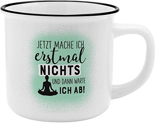 GRUSS & CO Becher Motiv Erstmal nichts | New Bone China Porzellan, Emaille-Optik, 35 cl | Geschenk, Sprüchetasse | 46979