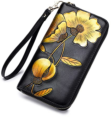 FORRICA Damen Geldbörse Leder Lange Brieftaschen Gross Rindleder Damengeldbörse Portemonnaie Frauen RFID Schutz Damen Reißverschluss Portmonee Gelb