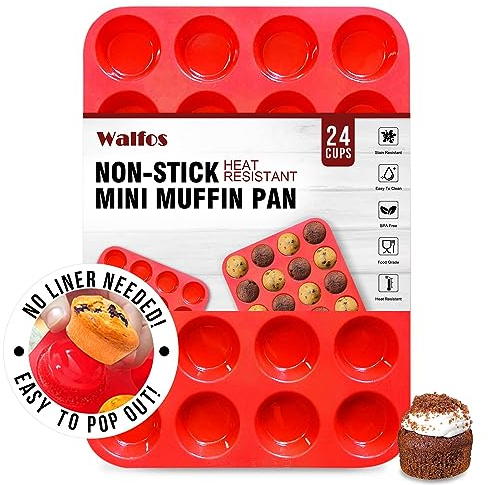 Walfos Mini Silikon Muffinform, 24 Tassen Mini Cupcake Pfanne, BPA-frei und spülmaschinenfest, Antihaft-Silikon Backform, ideal für die Herstellung von Muffin Kuchen, Torte, Brot