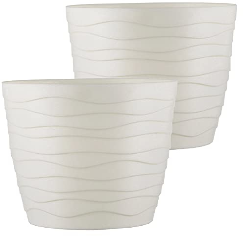 Tymar Blumentopf, 2er-Pack, runde Form, Pflanzgefäß, Pflanzkübel für Innen, Pflanztopf aus Kunststoff, Leichter, Doppelpack,mit 3D-Wellendesign (19 cm, Creme)