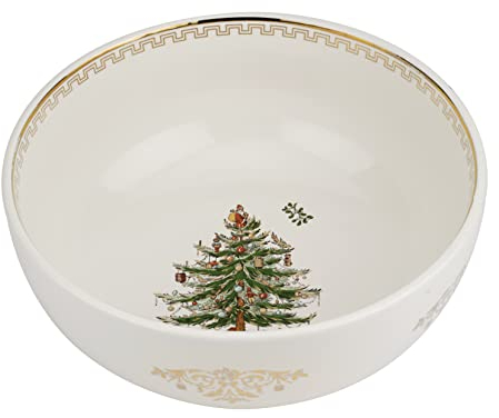 Spode Christmas Tree Gold Large Round Bowl - 10-Inch Stoneware Bowl for Serving Salad, Pasta, and Side Dishes - Elegant Holiday Serving Dish with 22K Gold Accents, Dishwasher Safe