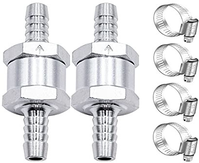mxuteuk 2Pcs 5/16 8mm Aluminium Silver Non Return One Way Check Valve with 4Pcs 6-12mm Universal Adjustable Hose Clamps for Fuel Petrol Diesel Line Oil M-H-032-8mm