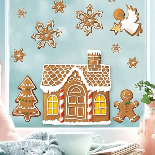 Wandtattoo Loft Fensterbilder Weihnachten mit Lebkuchenhaus Motiv – Wiederverwendbar – A4 Bogen, 19 Sticker – Weihnachstdeko Fenster Kinderzimmer, Weihnachtsbilder Fenster, Fensterbild Winter