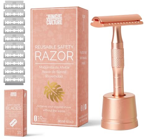 Jungle Culture® Rasierhobel Damen mit Ständer • Umweltfreundlicher Nassrasierer für Frauen in Rose Gold • Einzelklingen Metall Rasierer für Körper & Gesicht • Beauty Geschenk & Tasche • Safety Razor