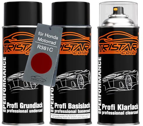 TRISTARcolor Peinture moto Kit bombes de peinture pour Honda Motorrad R381C Rouge Metallic Peinture de fond peinture de base vernis clair aérosol 400 ml