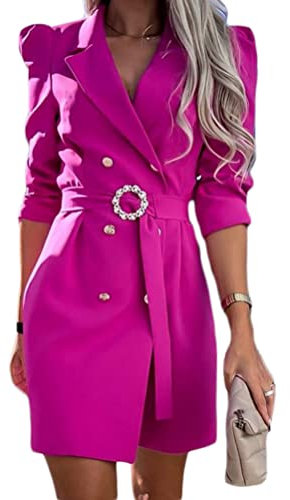 Minetom Vestito Donna Elegante Cerimonia Corto Blazer Mini Abito Manica Lunga Abiti Scollo V Abiti da Cocktail Sera con Cintura A Rose S