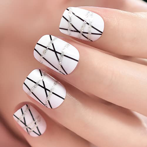 Press On Nails Medium Square ECHIQ, White, Black & Silver Glitter Lines, Glossy Fake Nails Gel Polish Acrylic Faux Ongles Kits, Adhesive Tabs, Reusable Full Cover for Women Girls Gift, 24 pcs