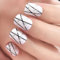 Press On Nails Medium Square ECHIQ, White, Black & Silver Glitter Lines, Glossy Fake Nails Gel Polish Acrylic Faux Ongles Kits, Adhesive Tabs, Reusable Full Cover for Women Girls Gift, 24 pcs