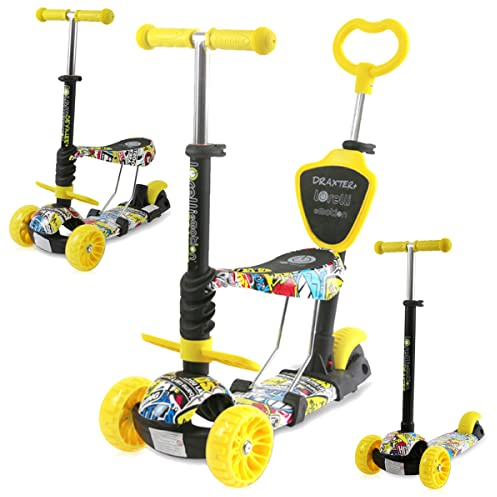 Lorelli Kinderroller Draxter Plus 3 in 1 Schiebestange, Sitz, Vorderräder LED, Farben:gelb