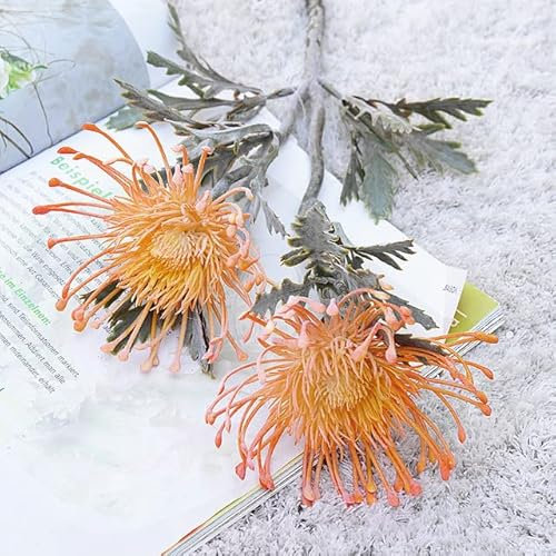 Artificial Flower Wedding Decoration Short Branch Pinwheel flower 2 Fork Pin Cushion Flower Home Fake Flower-Orange