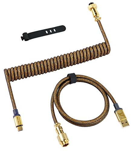 ATTACK SHARK Coiled Keyboard Cable, USB-C Cable for Mechanical Keyboard, Apex Pro Custom Type-C to USB-A Aviator Cable Double-sleeved with Gold-plate Metal Aviation Connector for Gaming Keyboard-Gold