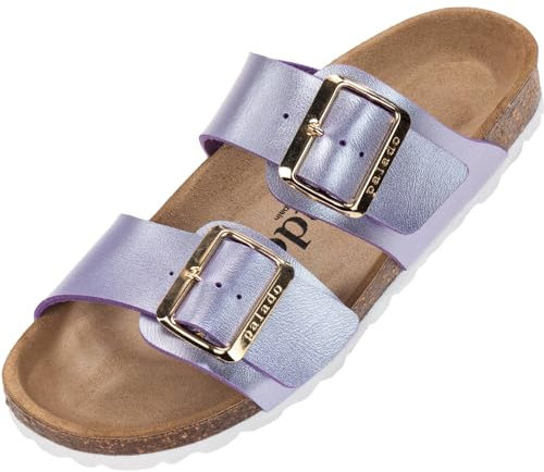 Palado Pantoletten Damen Samos EGS - bequeme Sandalen Made in Spain - Hausschuhe mit dämpfendem Kork-Fußbett - modische Sommerschuhe Flieder Metallic UK5,5 - EU38