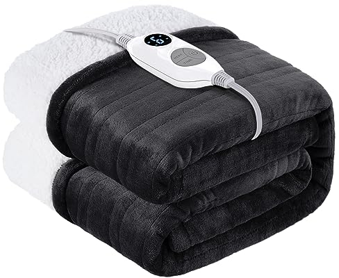 Warmrest Electric Heated Blanket Double Large Soft Flannel Sherpa, 6 Heat Levels Fast Heating, 1 to 10 Hours Auto-Off Detachable Controller Machine Washable, Grey 130x180cm