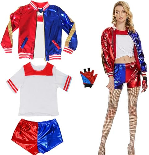 Quinn Cosplay Kostüm für Erwachsene-8Stück, Damen Bösewicht Kostüm Set mit Jacke T-shirt Shorts Handschuhe Socken Kragen Dekorierte Perücke, für Halloween Karneval Cosplay Erwachsene Kostüm (XXL)