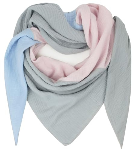 Gloop Donna XXL Maglia Triangolo Sciarpa Foulard Cotone Mussola Sciarpa Senza Graffi sulla Pelle Made in Italy, Grigio chiaro-rosa chiaro-azzurro, Taglia unica