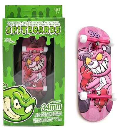 SPITBOARDS 34mm x 96mm Pro Fingerboard Set-Up (Complete) | Real Wood Deck | Pro Trucks with Lock-Nuts and Pro Bushings | Polyurethane Pro Wheels with Bearings | Pink Teddy