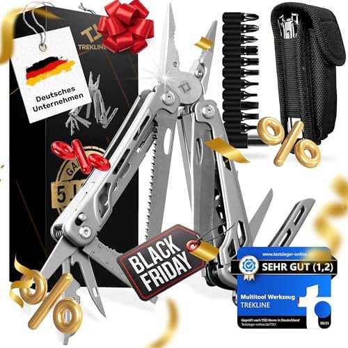 TREKLINE Premium Multitool Werkzeug [rostfreier Edelstahl] Survival Multifunktionsmesser perfektes Camping Zubehör, Multifunktionswerkzeug [28 Funktionen] Taschenmesser Outdoor, Camping Messer