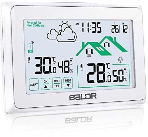 BALDR Station Meteo Interieur Exterieur Sans Fil, Horloge Umérique DCF Thermomètre Intérieur Avec Prévisions Météo de Ventilation et Rétro-éclairage