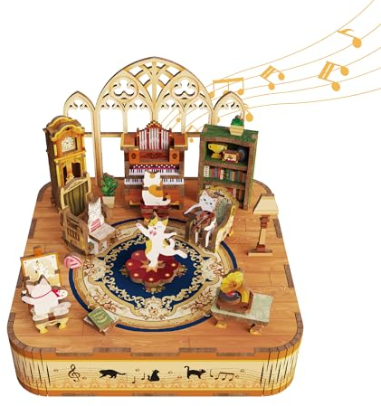 Tonecheer Spieluhr Holz 3D Puzzle, Katzenfamilie DIY Modellbausatz für Erwachsene, Drehbare Musikbox, Holzpuzzle Geschenke zur Hausdekoration Geschenk für Geburtstag Weihnachten Teenager