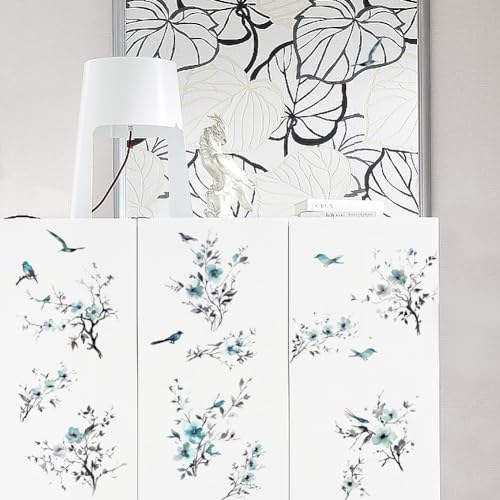 PLIGREAT 3 Feuilles Transfert Fleurs, Branches et Oiseaux pour Meubles en Bois, Armoire, Réfrigérateur, Table, Sticker Décoratif Peinture Chinoise Transfert Décoration