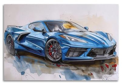YRNQ American Muscle Car Poster für Corvette C8, blaues Sport-Rennauto, dekorative Malerei, Leinwand, Wandkunstwerke, Bild, 60 x 90 cm