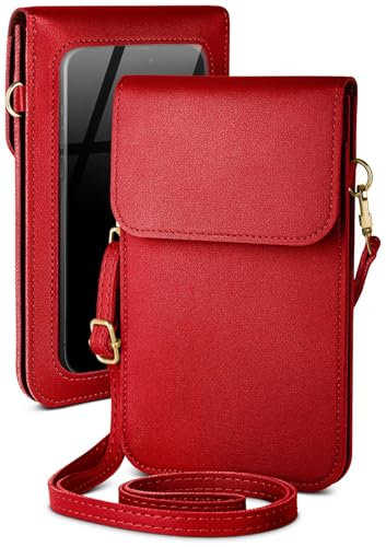 moex Handytasche zum Umhängen für Fairphone 3/3 Plus kleine Handtasche mit Handyfach und Sichtfenster, 2 extra Fächer Mini PU Leder Handy Umhängetasche Damen CitySling, Rot
