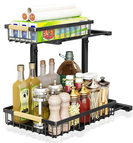 LeapBeast Organizador Cocina 2 Niveles, Ajustable Bajo Fregadero, Metal Multiusos para Cocina, Baño, Dormitorio (1, Negro)