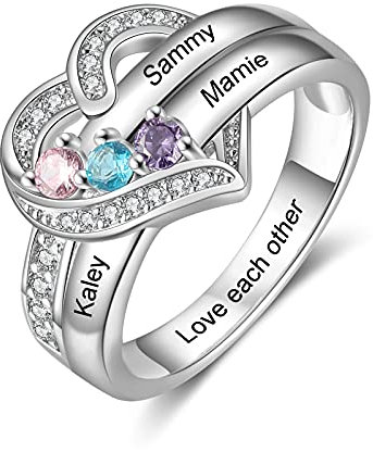Personalisierter Damen Ring 925 Silber Mit Namen Geburtssteine Herz Sterling Silber Ringe Frauen Geburtstag Weihnachten Jahrstag Geschenke Für Mutter Ehefrau Freundin (A - 3 stones)