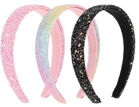 JJUNW 3Stück Glitzer Stirnbänder für Mädchen, Glitzer-Haarband Buntes Breit Haarreifen Damen Kunststoff Niedlich Rutschfest Modische Pailletten Haarreifen für Frauen Mädchen Kinder(Schwarz+Rosa+Farbe)