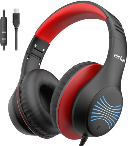 EarFun Kids Headphones with LED Light, Over Ear Wired Children Foldable Headphones with Microphones, 85/94dB Safe Volume Limit, HD Stereo Sound, Type-C Cable, School/Travel/Boys/Teen/Tablet/Pad, Black