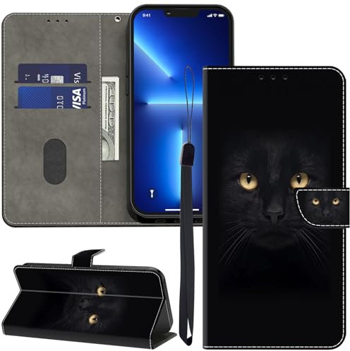 GLANDOTU Funda de piel para Samsung Galaxy A25 5G, funda con ranuras para tarjetas, diseño de gato negro