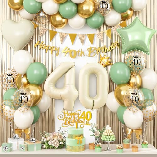 40th Birthday Decorations for Women Men,Sage Green Gold 40th Decorations Happy 40th Birthday Balloons Birthday Banner Cake Topper Fringe Curtain for 40 Year Old Birthday Party Decor