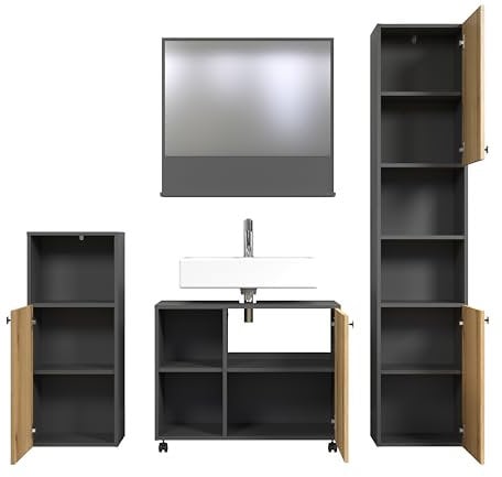 trendteam smart living - PureBliss - Badezimmer Komplettset (WBU + Spiegel 60cm + Standschrank + Hochschrank) - Anthrazit/Evoke Eiche - Rillenoptik - Aufbaumaß (BxHxT) 180 x 190 x 40cm - Metallgriffe