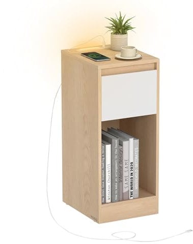 VASAGLE Slim Bedside Table with Charging Station and LED Light, Narrow Side End Table, USB Ports, Drawer and Open Compartment, for Bedroom, Living Room, Oak Beige and Cloud White LET610Y01